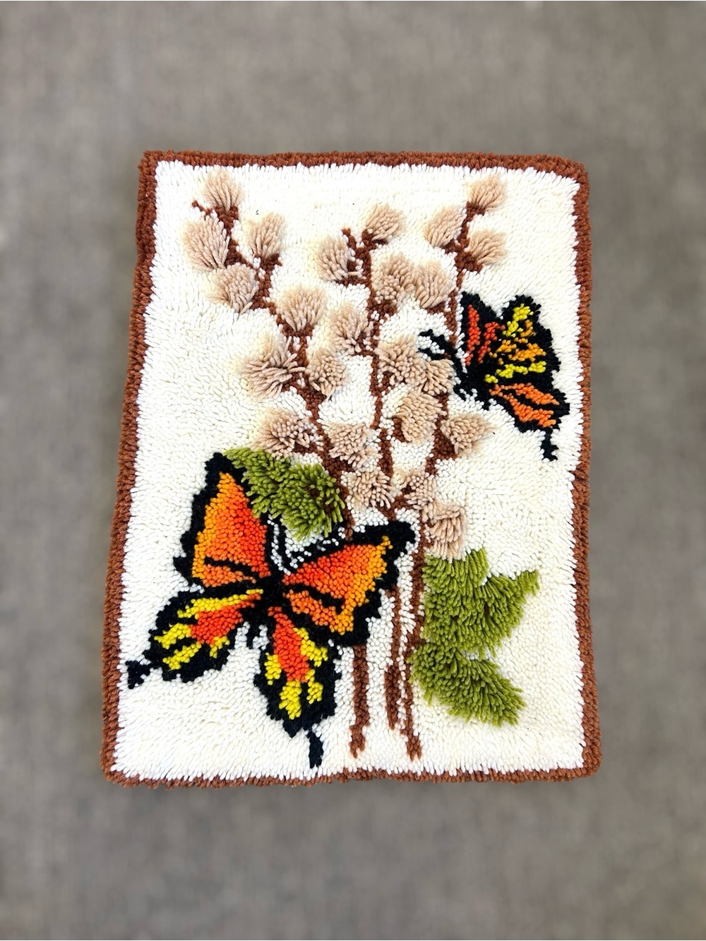 Butterfly Latch Hook Rug Vintage 1970's Wall Hanging Yarn Art 20”x27” Retro